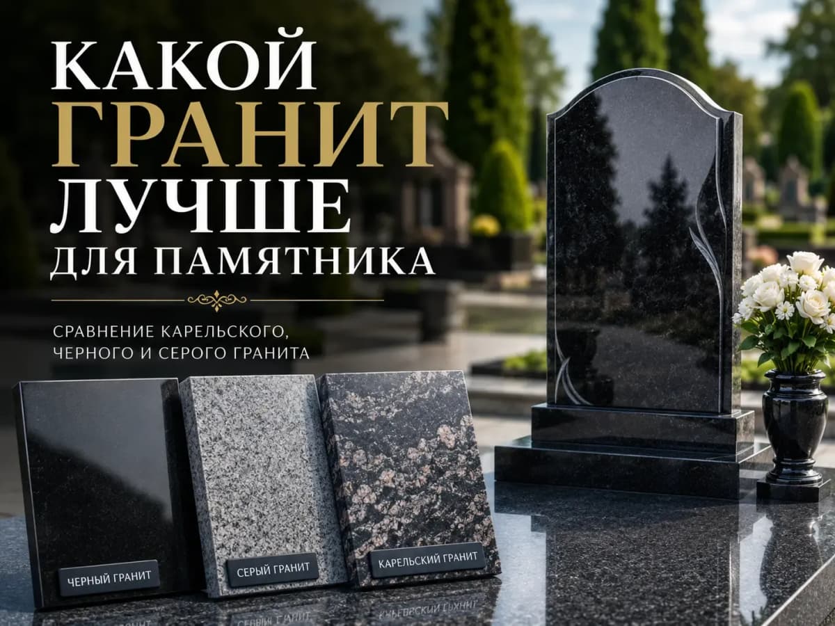 Какой гранит лучше выбрать для памятника? Сравниваем карельский, черный и серый гранит, рассказываем о долговечности, внешнем виде и особенностях каждого материала.